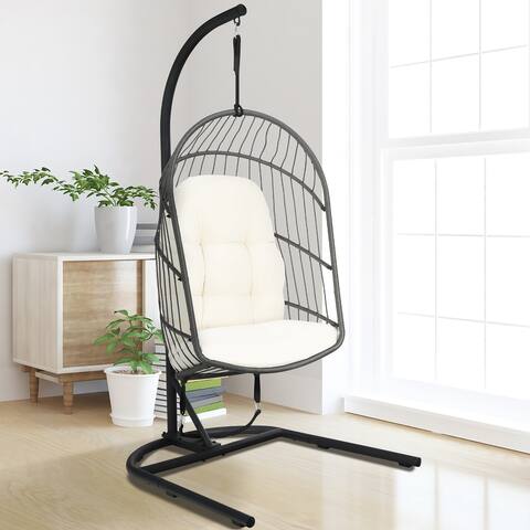 Costway Hanging Wicker Egg Chair w/ Stand Cushion Foldable Outdoor