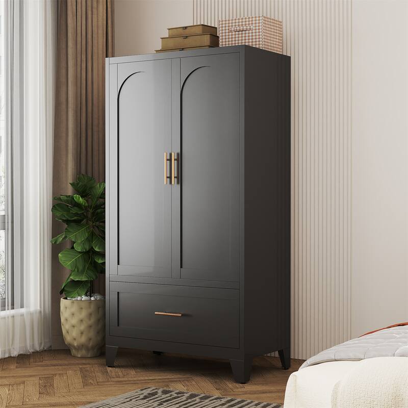 Metal Wardrobe Cabinet with 1 Drawer and Hanging Rod, 2 Doors Wardrobe Closet