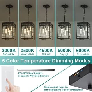 Outdoor LED Pendant Light Fixtures for Porch, 4 Light 5CCT Outdoor Pendant Light, Black LED Integrated Bulbs Hanging Lantern