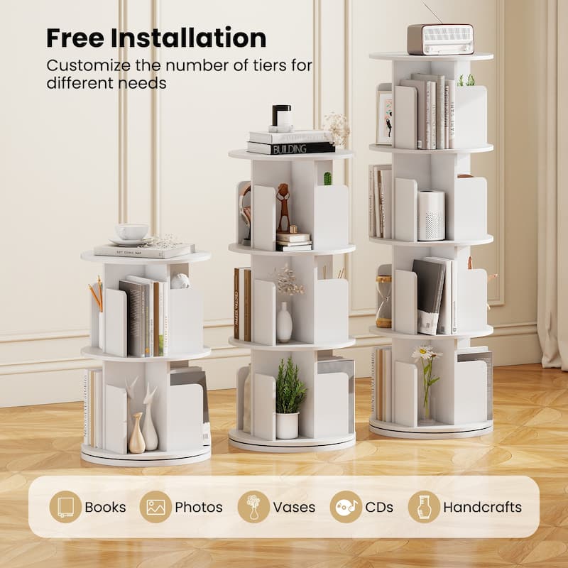 Narrow 4-Tier Rotating Storage Bookshelf with Swivel Display and Dividers for Home and Office - 15.5" x 15.5" x 50.5"