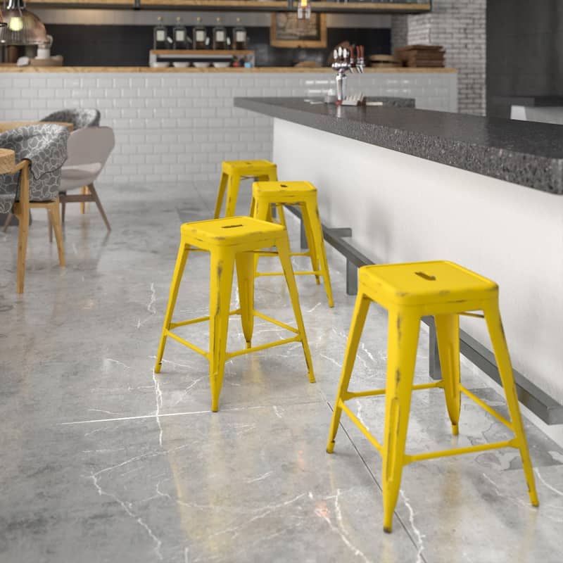 24" High Backless Distressed Metal Indoor-Outdoor Counter Height Stool - Yellow