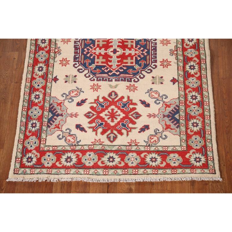 Ivory / Beige Kazak Oriental Accent Rug Hand-Knotted Wool Carpet - 3'2"x 4'8"