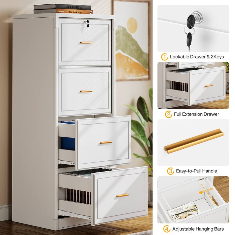 4-Drawer File Cabinet with Lock and Key, Vertical Wooden Filling Cabinet for A4/Letter/Legal Size Files