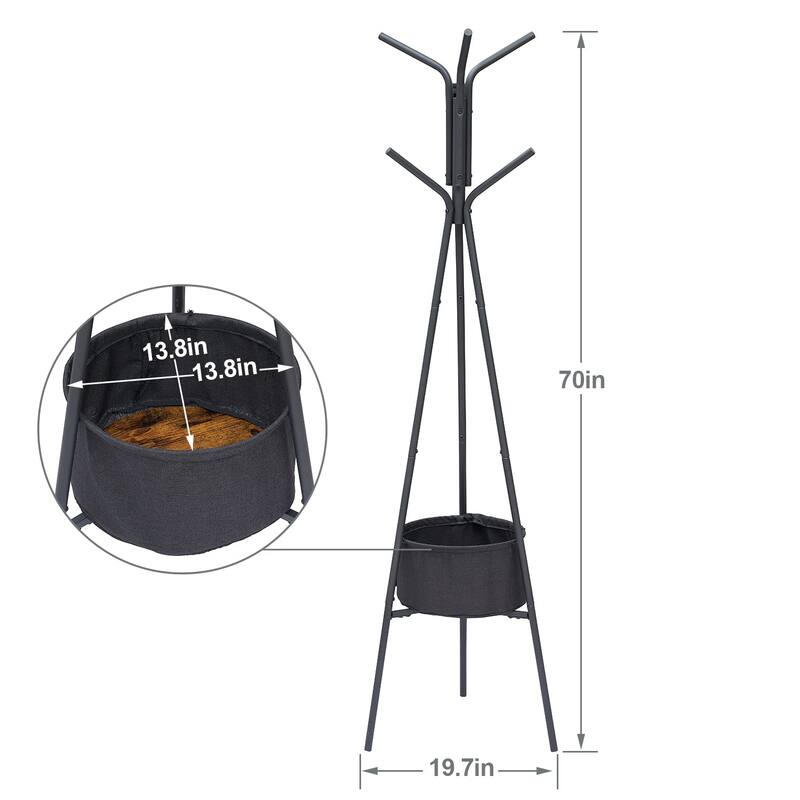 Javlergo Coat Rack, Freestanding Coat Rack with 6 Hooks and one Storage Basket Tree Coat Racks for Bedroom, Hallway - Black