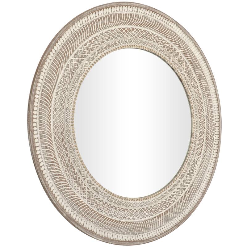 Wood Geometric Handmade Intricately Carved Room Wall Mirror with Bohemian Patterns - Brown - Roche River Decor