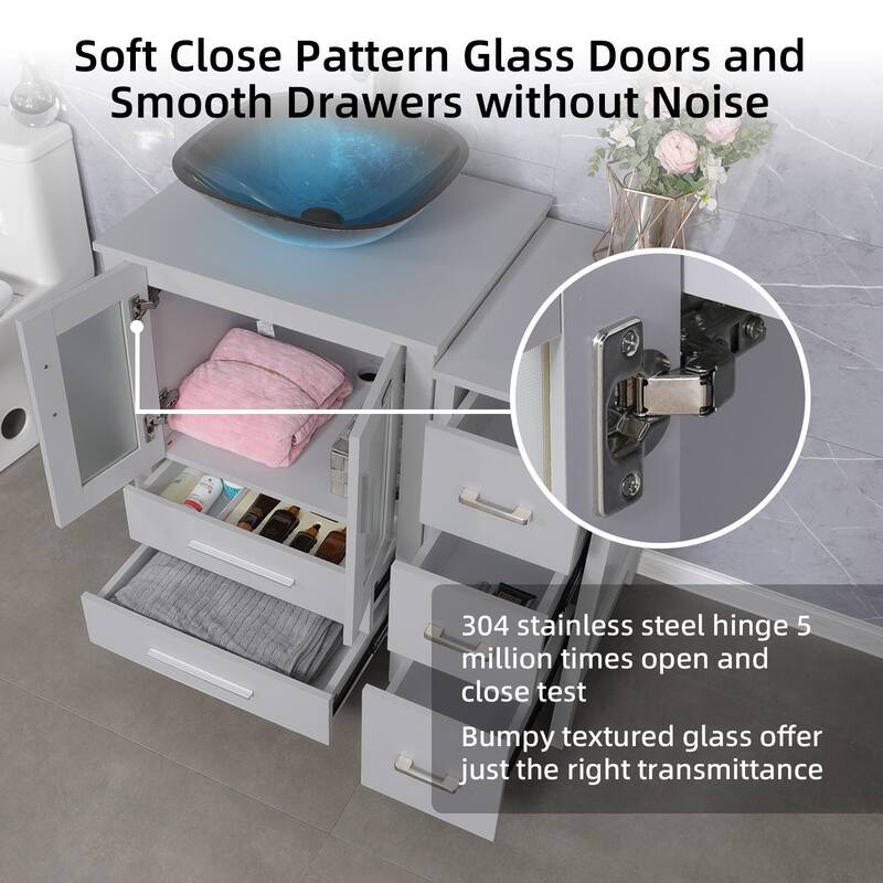 36" Bathroom Vanity Sink Gray Set with Side Cabinet Vessel Sink Mirror Faucet Combo