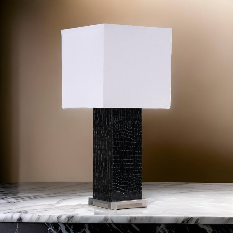 25 Inch Table Lamp, Square White Shade, Modern Black Crocodile Pattern Base