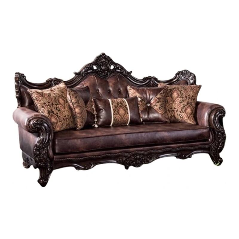 Puhi Sofa, Brown Faux Leather, Ornate Carved Dark Cherry Wood, 95 Inch