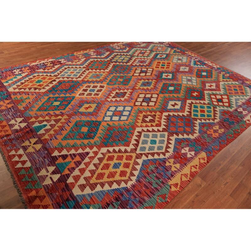 Colorful Kilim Oriental Area Rug Flatweave Orange Wool Carpet - 7'9"x 10'2"