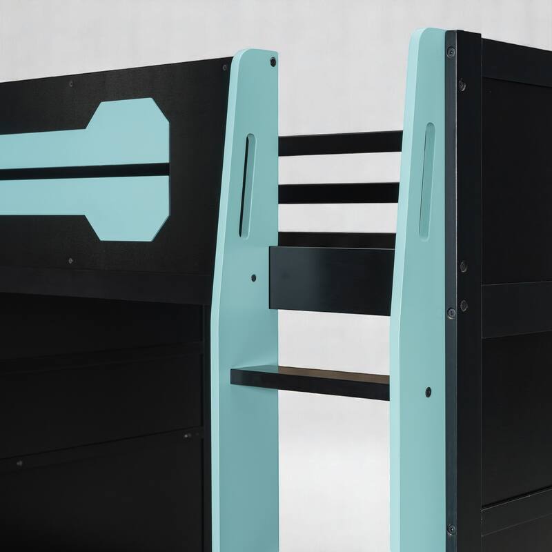 Full Size Gaming Loft Bed with Storage Shelves, Built-in Desk and RGB Light, Sturdy Wood Construction