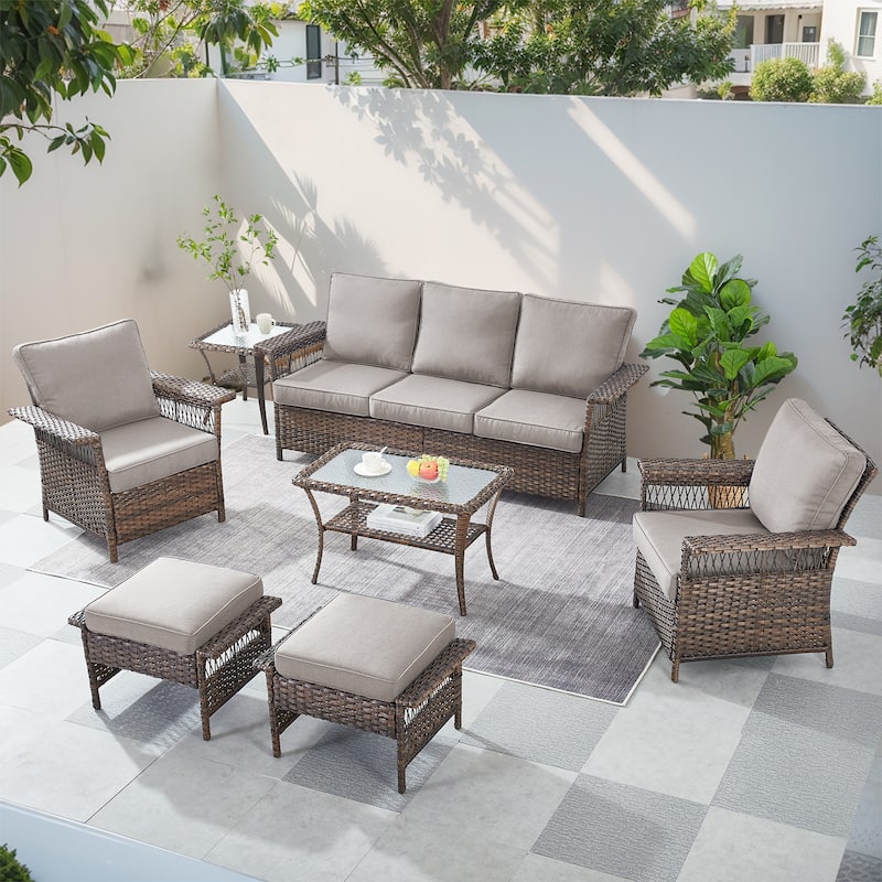 Gymojoy Outdoor Sofa, Club Chairs, Coffee Table and Ottomans Set of 7 - Brown - Grey