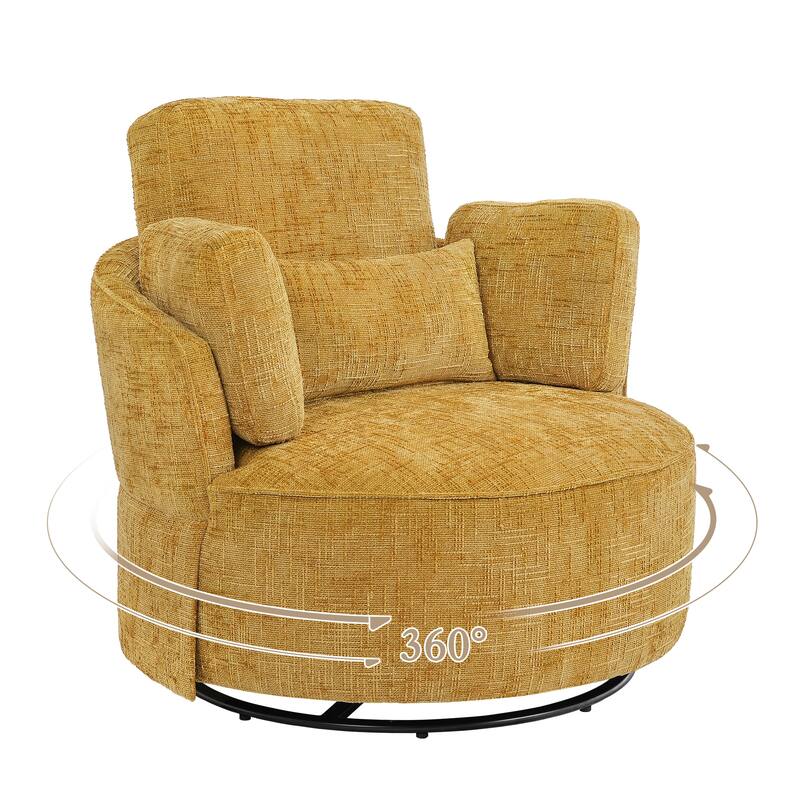 Upholstered Swivel Barrel Accent Chair Metal Frame with Flared Arms and Pillows