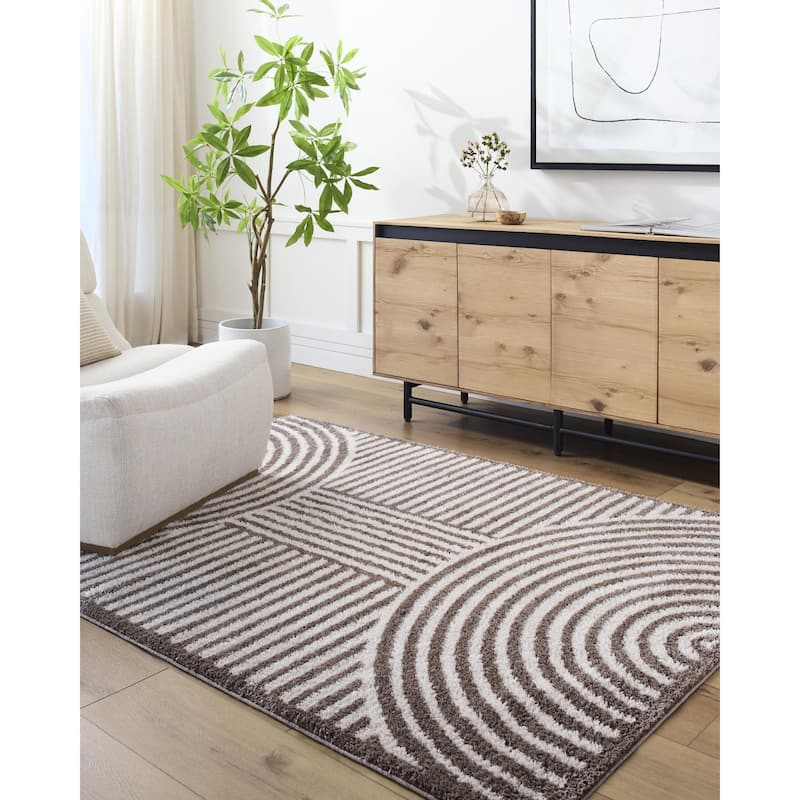 Livabliss Fossay Shag Modern & Contemporary Stripe Washable Area Rug - Light Beige/ Dark Brown - 5' 3" x 7'