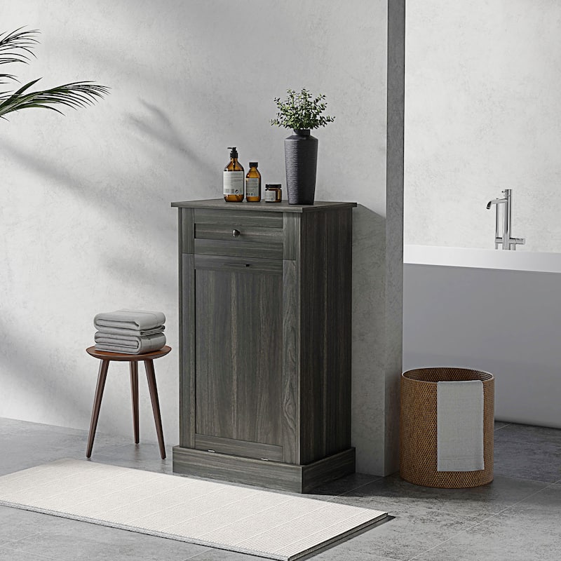 Kitchen Tilt Out Trash Bin Cabinet Free Standing Recycling Cabinet Trash Can Holder With Drawer, Charcoal Gray