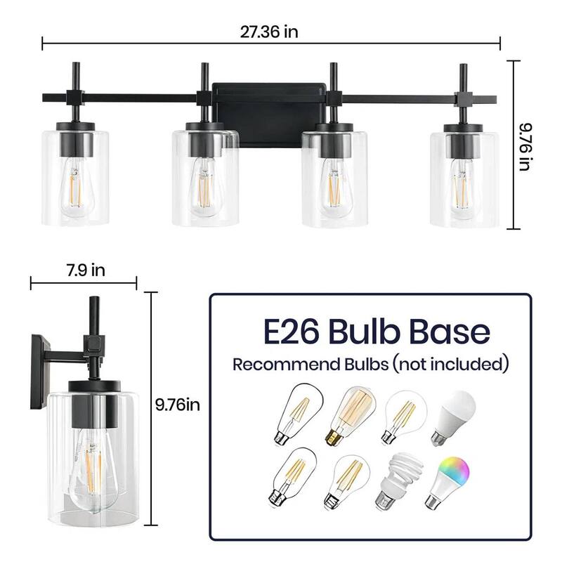 Jasper Black Clear Glass 4-Light Bathroom Vanity Light