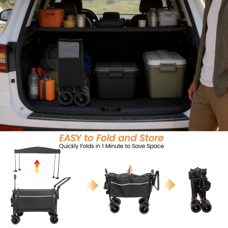 Multi-Functional Push-Pull Folding Wagon Cart with Rotating Handle & Canopy,7"x4"All-Terrain Wheels & Brakes,300L Large Capacity