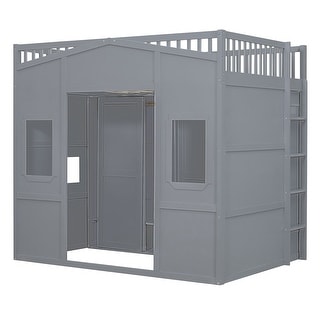 Full Size Loft Bed with Wardrobe, Space-Saving Wood House Bed Frame w/Safety Guard & Ladder for Boys, Girls, Small Bedroom, Grey