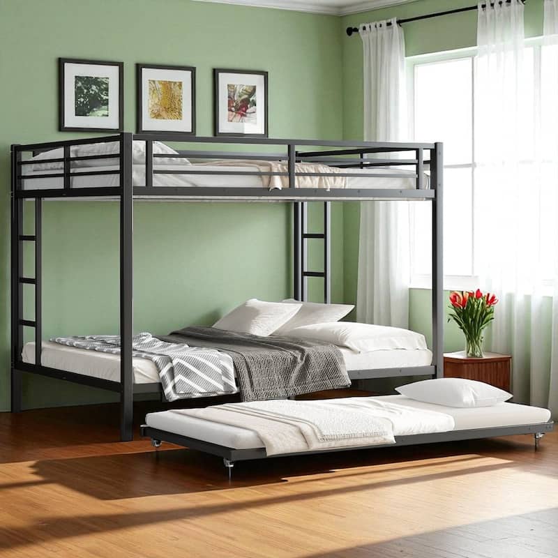 Twin over Full/Queen over Queen/Twin XL over Queen Metal Bunk Bed with Trundle, Black - Sturdy & Noise-Free