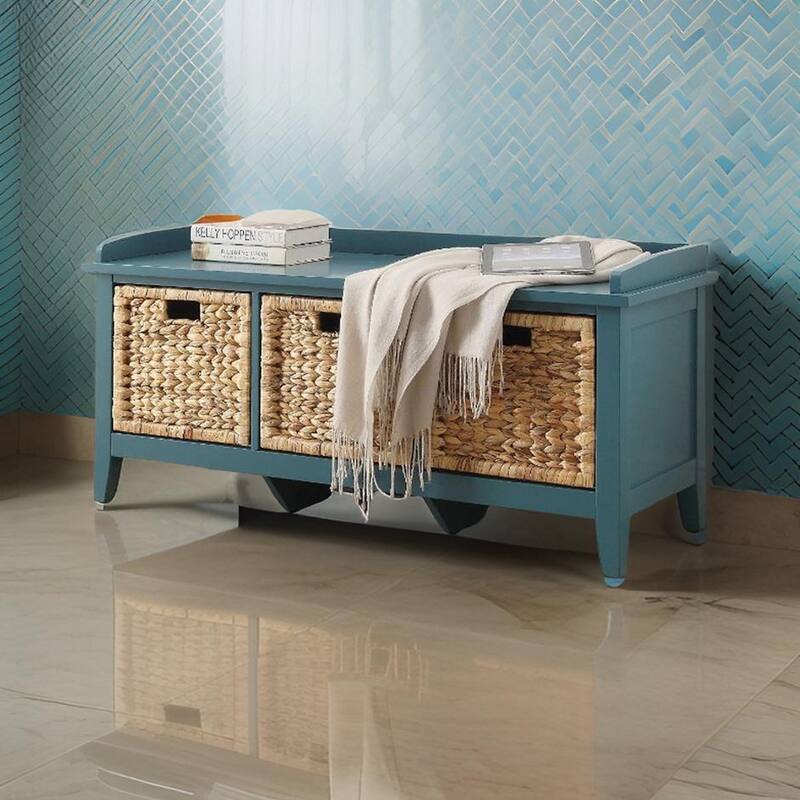 Rectangular Wooden Bench with Storage Basket, Blue