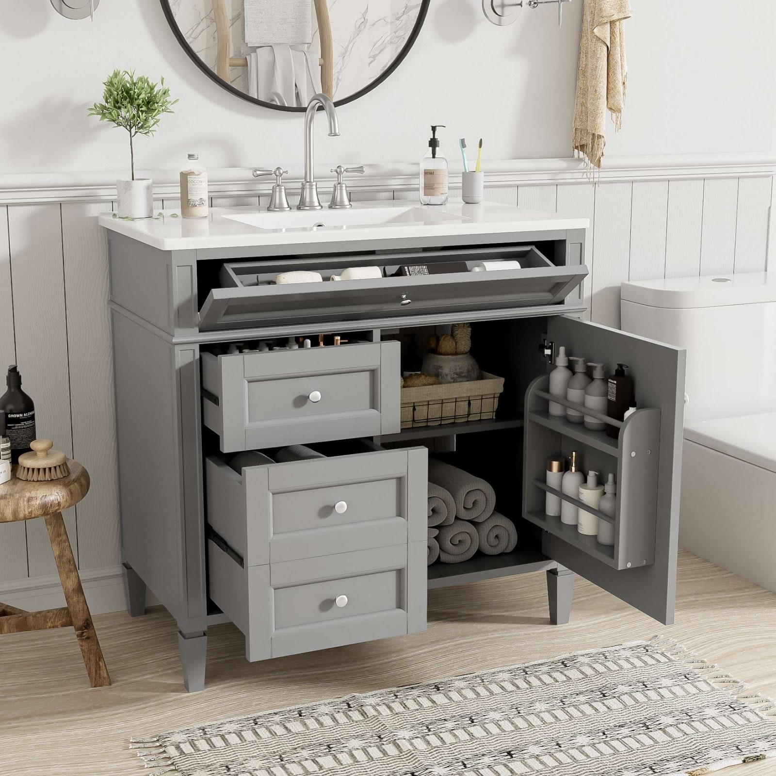 36 Inch Bathroom Vanity Cabinet Solid Wood MDF Storage Ceramic Sink - 36"l