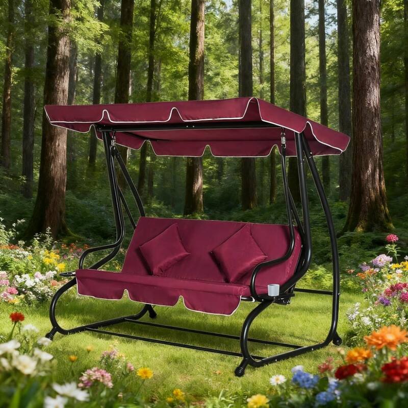 GDFStudio - 3-Seat Outdoor Swing Bench with Adjustable Canopy and Removable Cushions - Red