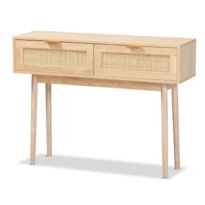 Baird Light Oak Brown Finished Wood and Rattan 2-Drawer Console Table