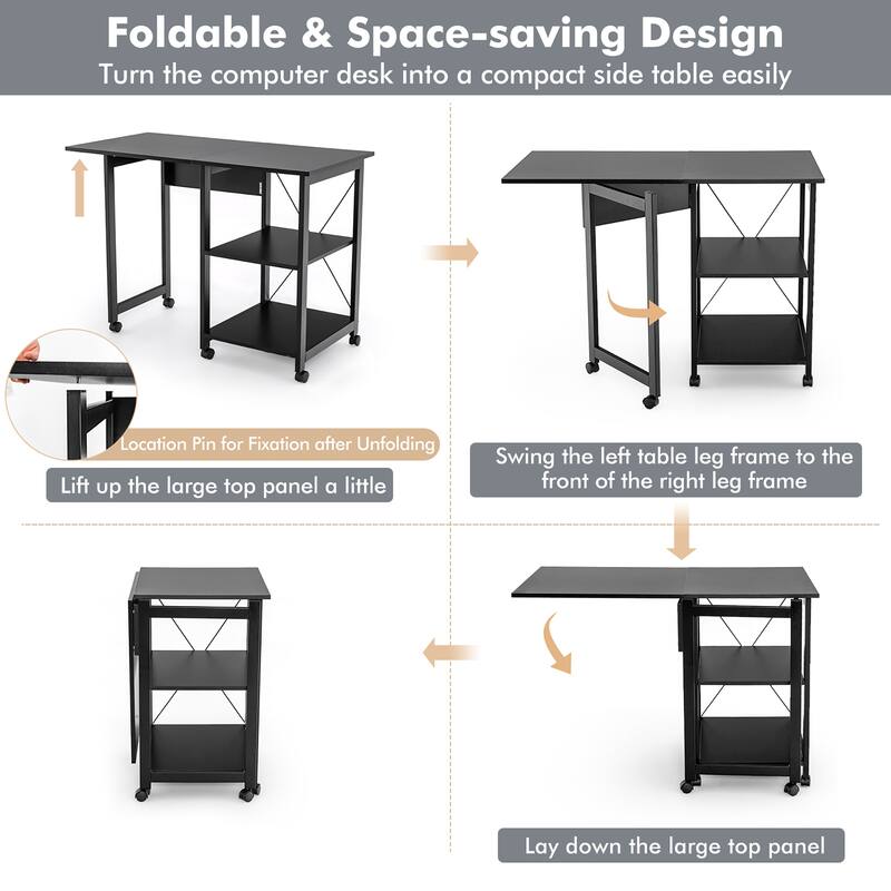 Costway Rolling Computer Desk Folding Writing Office Desk Storage