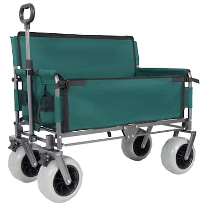 3-in-1 Folding Wagon with Bench Seat - 500lbs Capacity, 9"x4" Beach Tires for Camping & Beach, green