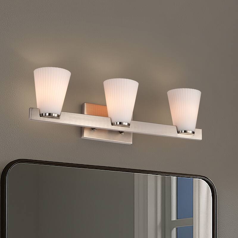 Royale 3 Light Vanity Brushed Nickel Finish Ribbed White Glass - Brushed Nickel