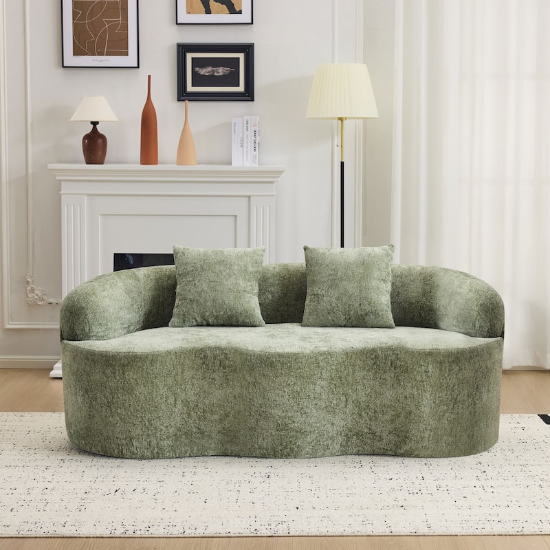 Chenille Curved Lounge Couch Wave-shape Loveseat Sofa High-Density Foam Compression Couch with 2 Pillows and Round Armrest