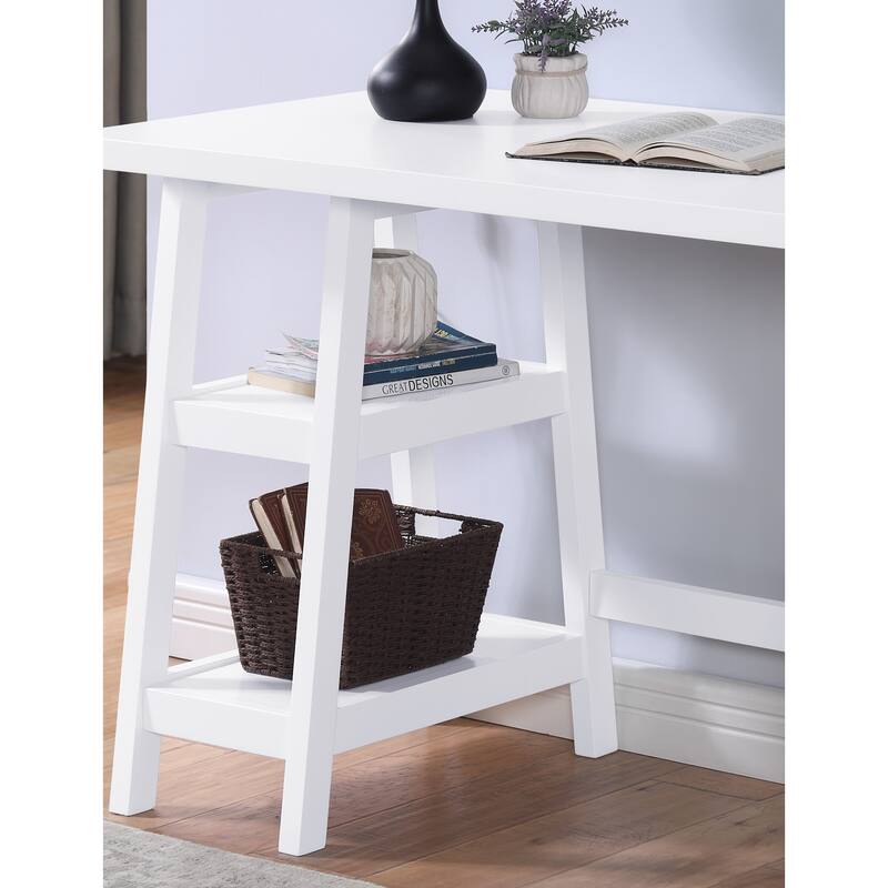 42" Modern Writing Desk with Open Shelves, MDF Top, and Rubberwood Legs