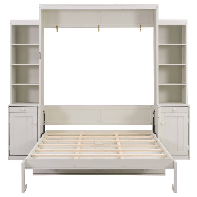Queen Size Murphy Bed Heavy-Duty Murphy Bed Cabinet Bed with Desk Drawers open shelving Units Power Outlet and Side Cabinets