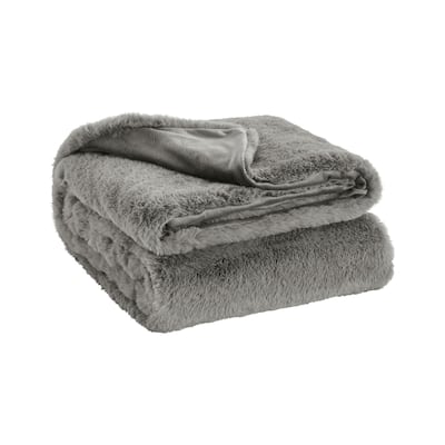 60 Inch Modern Soft Faux Fur Throw Blanket, Solid Reverse, Polyester, Gray
