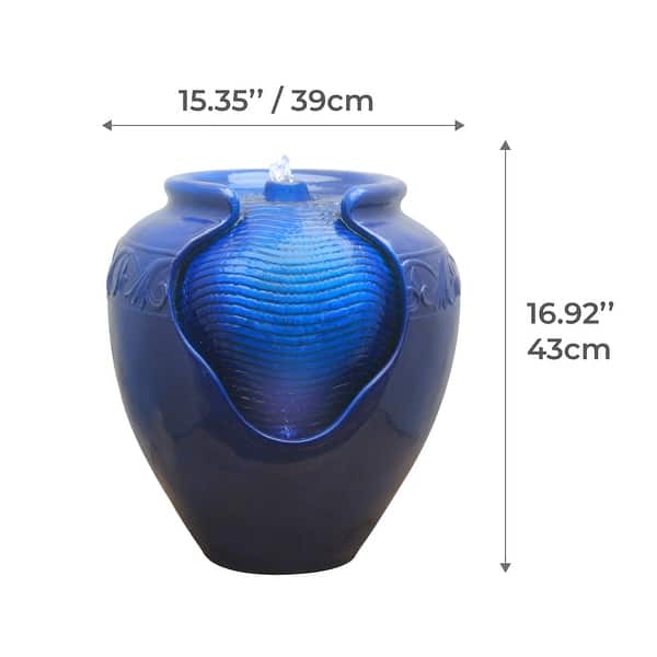 Teamson Home - Outdoor Glazed Pot Floor Bird Bath Fountain - Royal Blue