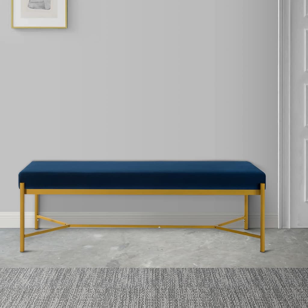 Lola 55 Inch Long Bench with Metal Frame and Padded Seat, Navy Blue Velvet