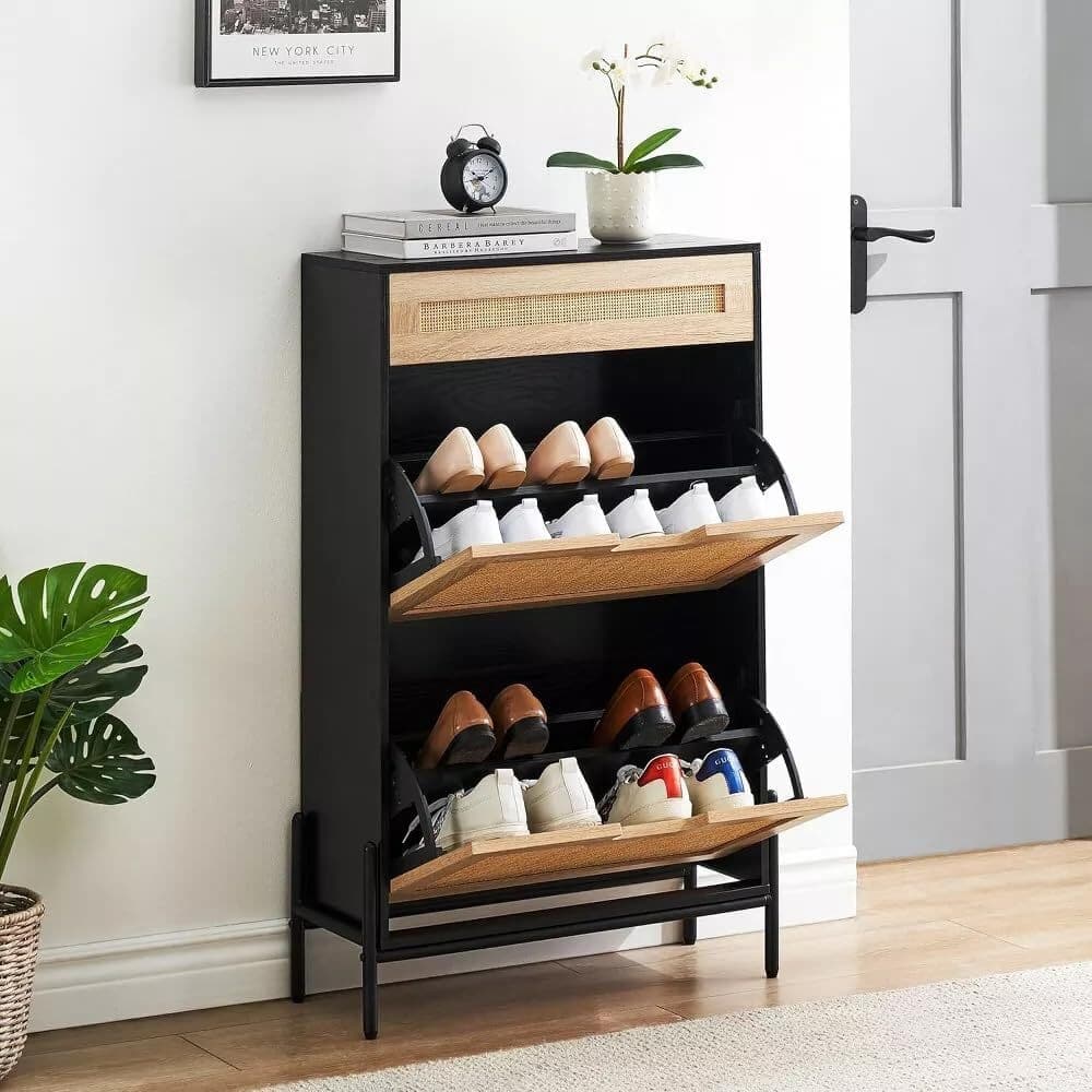 3-Tier Slim Rattan Shoe Storage Cabinet for Entryway Hallway Porch
