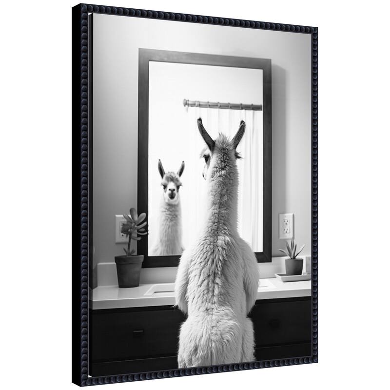 Kate and Laurel Sylvie Llama Bathroom Art Mirror Black and White Framed Canvas by The Creative Bunch Studio - 18x24 - Black