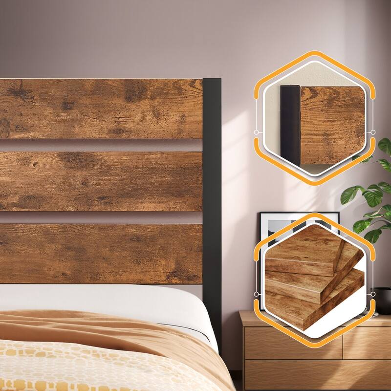 3-Pieces Bed Frame with Wood Headboard and Modern Nightstands Set of 2