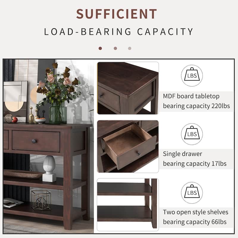50" Solid Wood Console Table with 3 Drawers & 2 Open Shelves, Mid-Century Side Table Entryway Table for Living Room Entryway