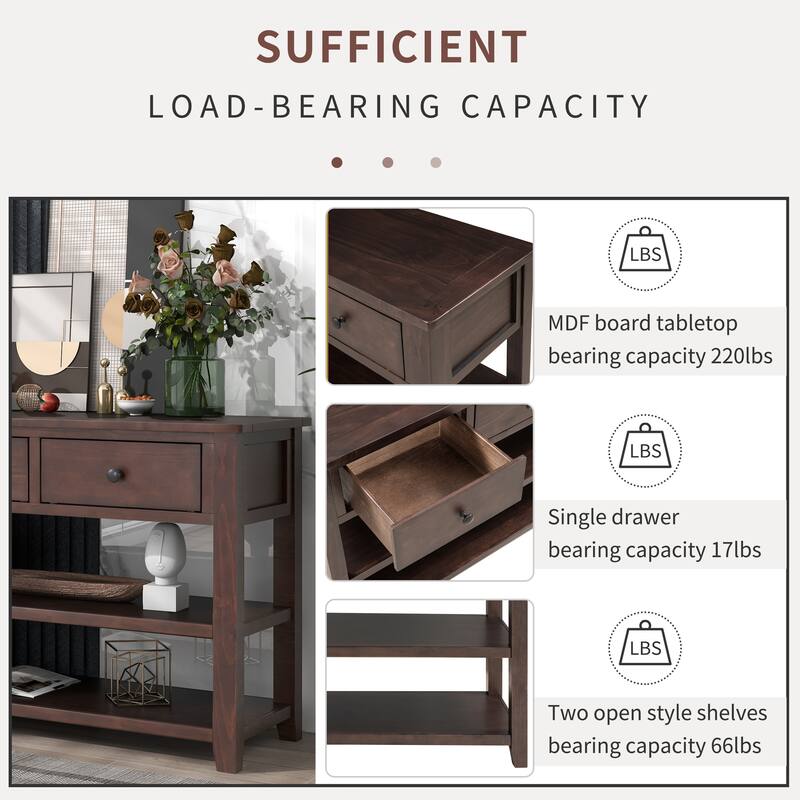 Pine Solid Wood Console Table with Two Open Shelves