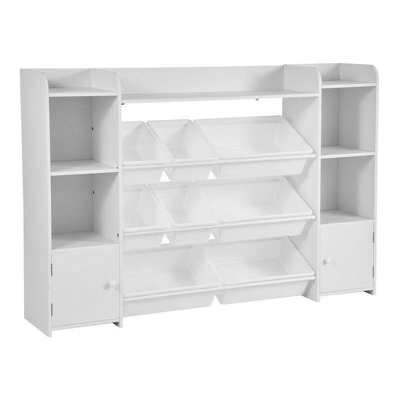 Kids Toy Storage and Bookshelf, 4-Tier Large Toy Storage Organizer with 8 Plastic Bins, Kids Cubby Cabinet with Bookshelf - White