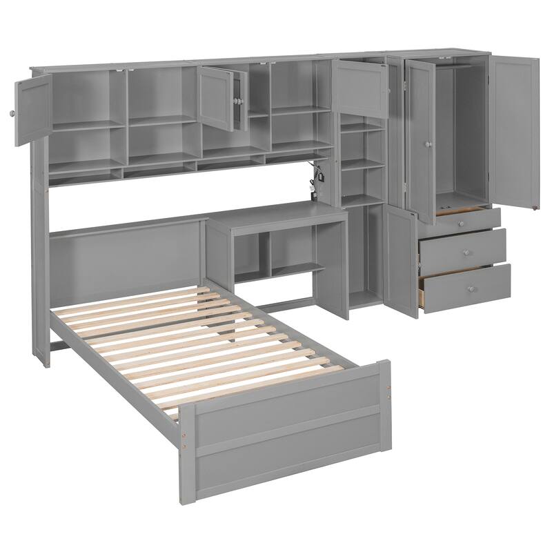 Roomfitters Wooden Twin Size Platform Bed with Integrated Desk, Wardrobe, and Multi-Level Storage Cabinets, LED Lighting