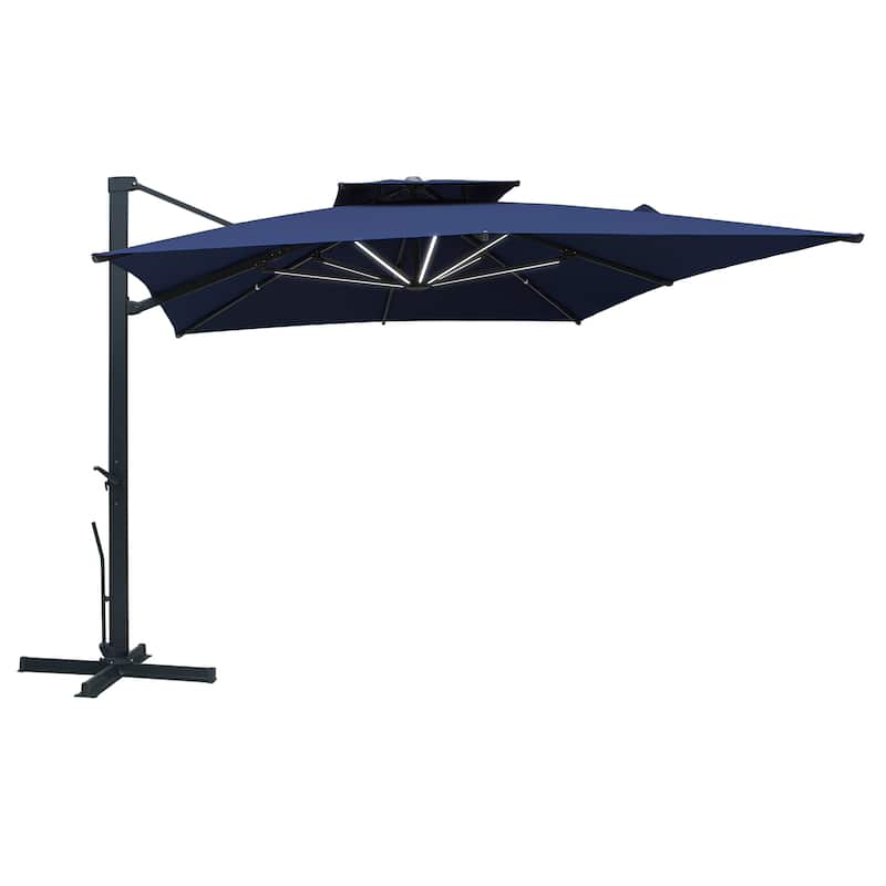 13ft Aluminum 2-Top Rectangular Cantilever Market Umbrella with LED Lights - Navy Blue