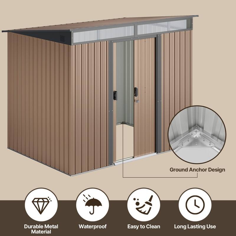 8' x 6' Outdoor Metal Storage Shed with Sliding Door, Multi-Functional Garden Shed with Glass Window and Anchor Bolts