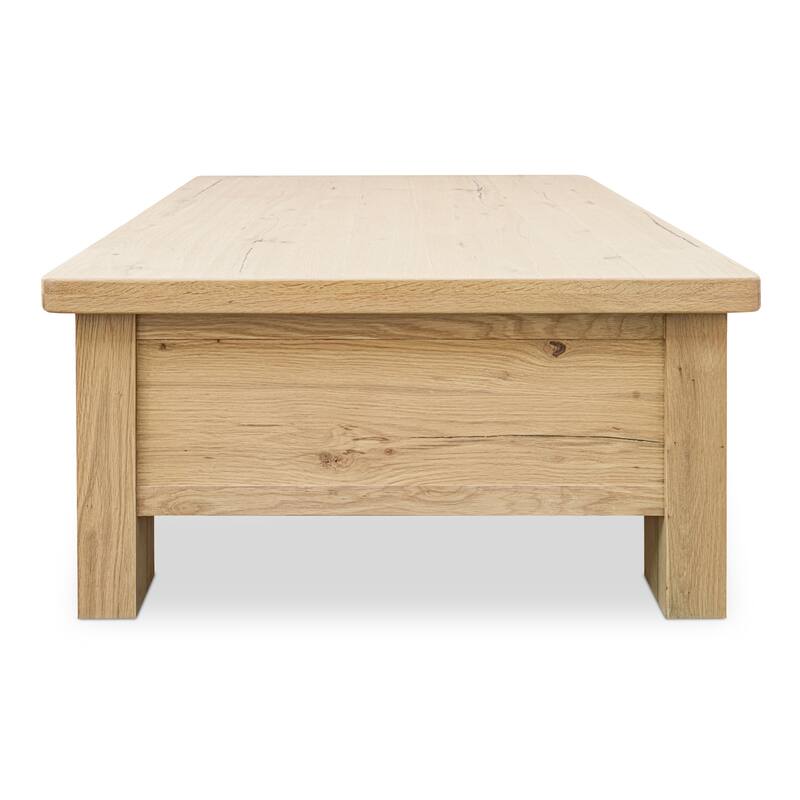 NADAAL STUDIOS Mareth Coffee Table, Rectangular Rustic Oak Top with Rounded Edge, Solid Oak Legs Dual-Sided Drawers, Natural