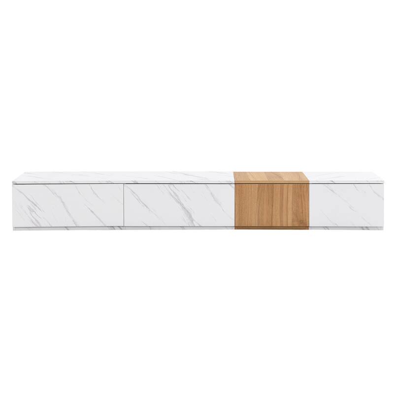 Roomfitters Modern Entertainment Center for TVs up to 88", Faux Marble and Walnut Wood Grain TV Stand