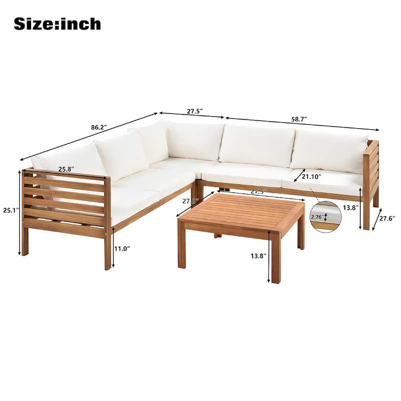 4 Piece Acacia Wood Outdoor Conversation Sofa Set Patio L Shaped Modular Sectional Sofa Set with Wood Coffee Table and Cushions