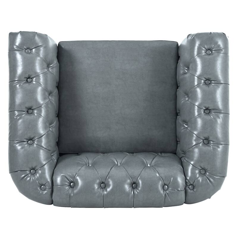 Gray PU 38.98" Buttons Tufted Accent Chair with Birch Legs