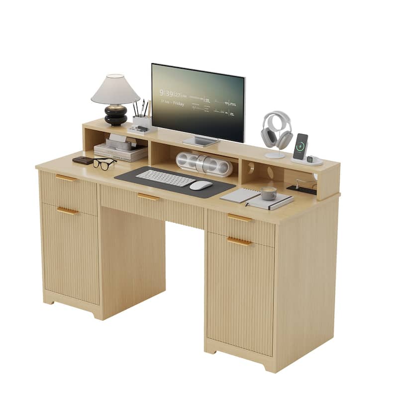 Pocassy Fluted Office Desk with Power Outlets Long Monitor Stand