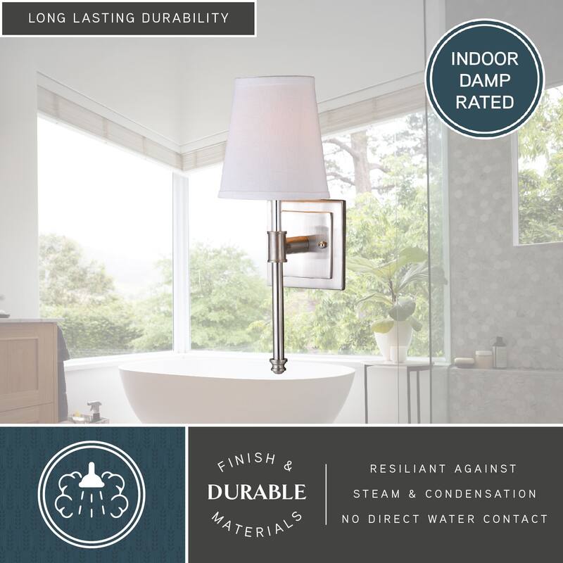 Ritz 6-in W Nickel Modern Wall Sconce with White Fabric Shade - 6-in W x 16-in H x 6.75-in D